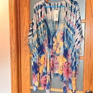 XIIX collection New York tie die floral ruana kimono beach cover up swim blue